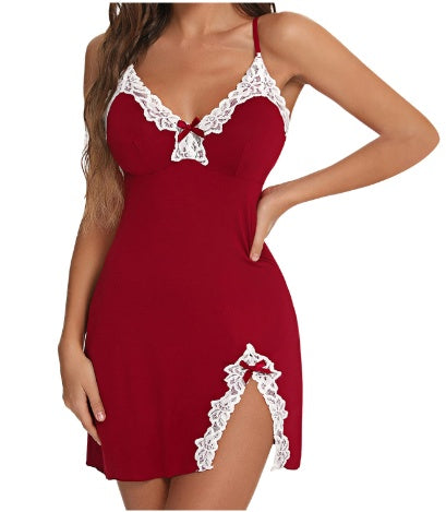 Sexy Deep V Bow Side Slit Slim Slip Nightdress Set Fleece Era