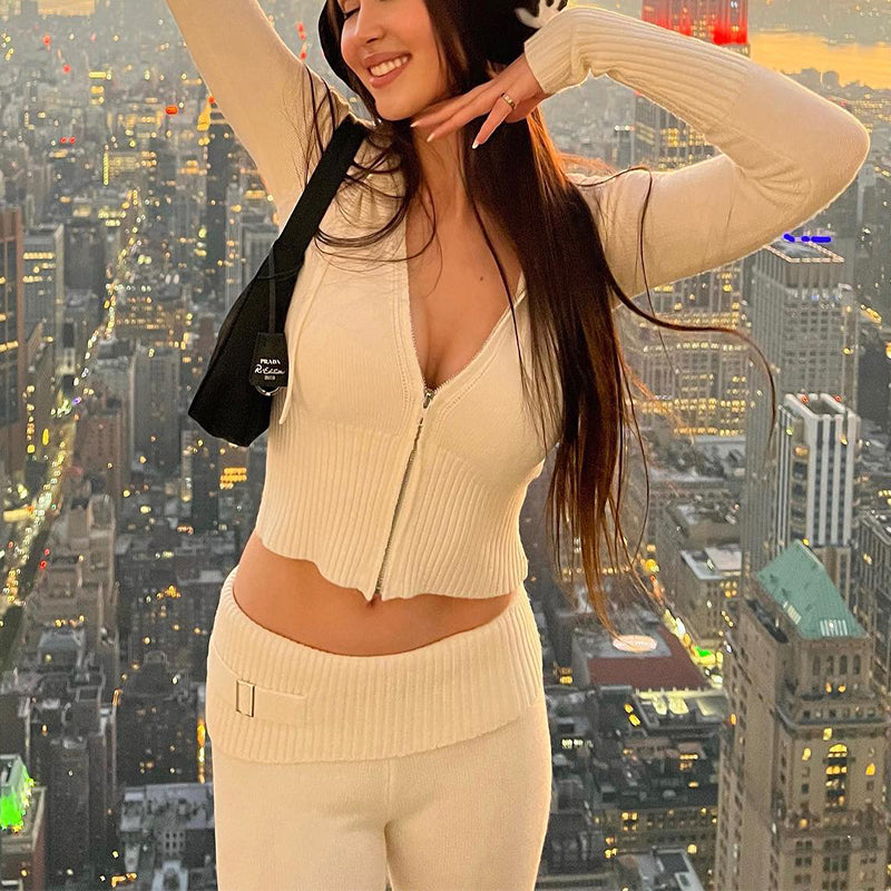 Hoodie Suit Sports Leisure Sexy Zip Long Sleeve Sweater And High Waist Long Pants Set Women's Clothing Fleece Era