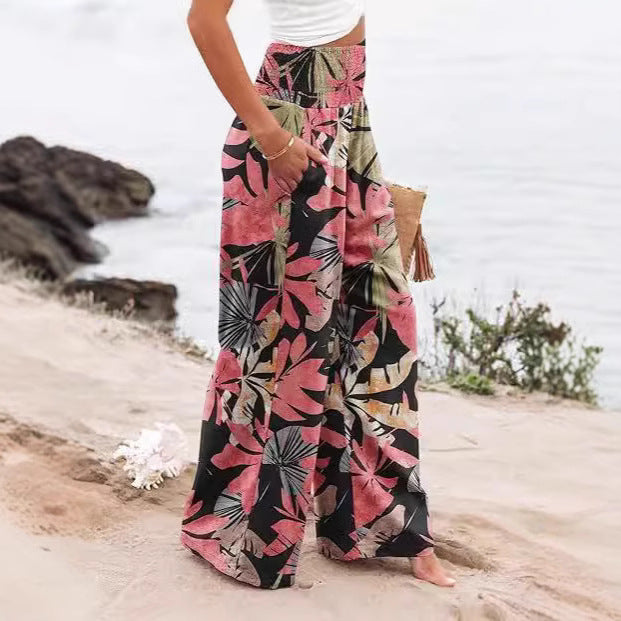 Summer Women's Fashion Loose Temperament Printed High Waist Wide Leg Trousers Fleece Era