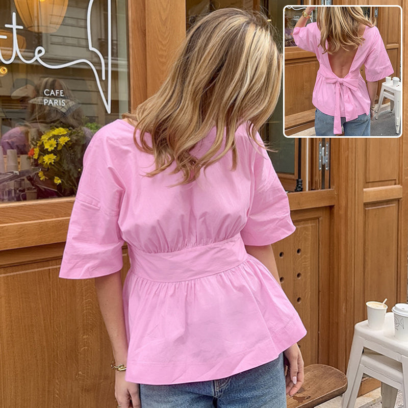 Summer Backless Short Sleeve T-shirt With Back-tied Design Fashion Bat Sleeve Top For Women Clothing Fleece Era