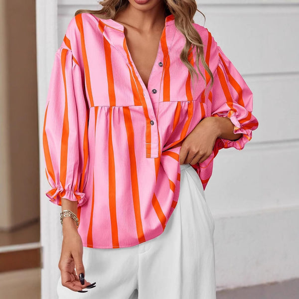 Women's Striped Shirt Puff Sleeve Loose Top Fleece Era