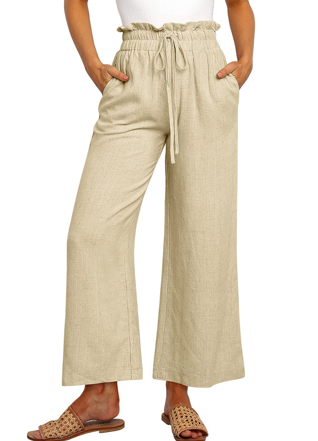 Elastic Waistband Lace-up Wide Leg Pants Solid Color Cropped Pants Fleece Era