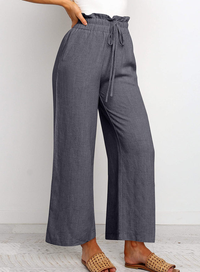 Elastic Waistband Lace-up Wide Leg Pants Solid Color Cropped Pants Fleece Era