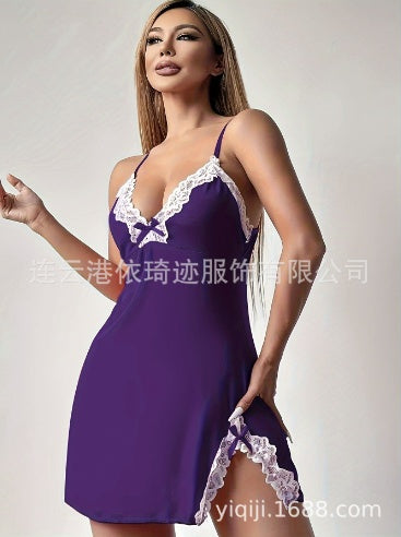 Sexy Deep V Bow Side Slit Slim Slip Nightdress Set Fleece Era