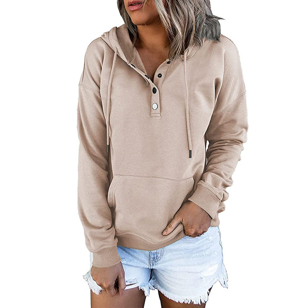 Long-sleeved Hooded Sweatshirt With Pockets Fashion Casual Button Drawstring Design Hoodie Top Spring And Autumn Sports Clothing For Women Fleece Era