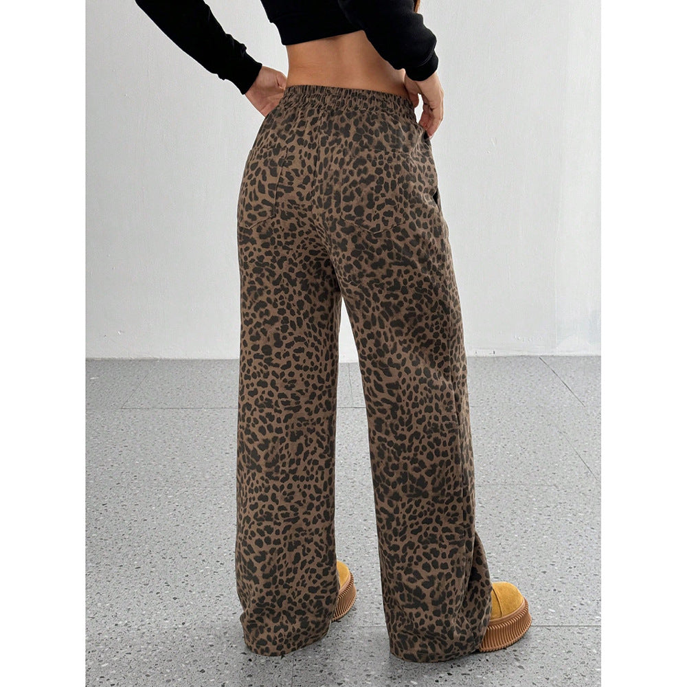 Leopard Print Floral Print Casual Jumpsuit Wide Leg Loose Fleece Era