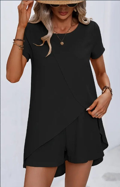 Solid Color Summer Casual Two-piece Set, Asymmetrical Hem Crew Neck Short Sleeve Top & Shorts Outfits, Women's Clothing Fleece Era