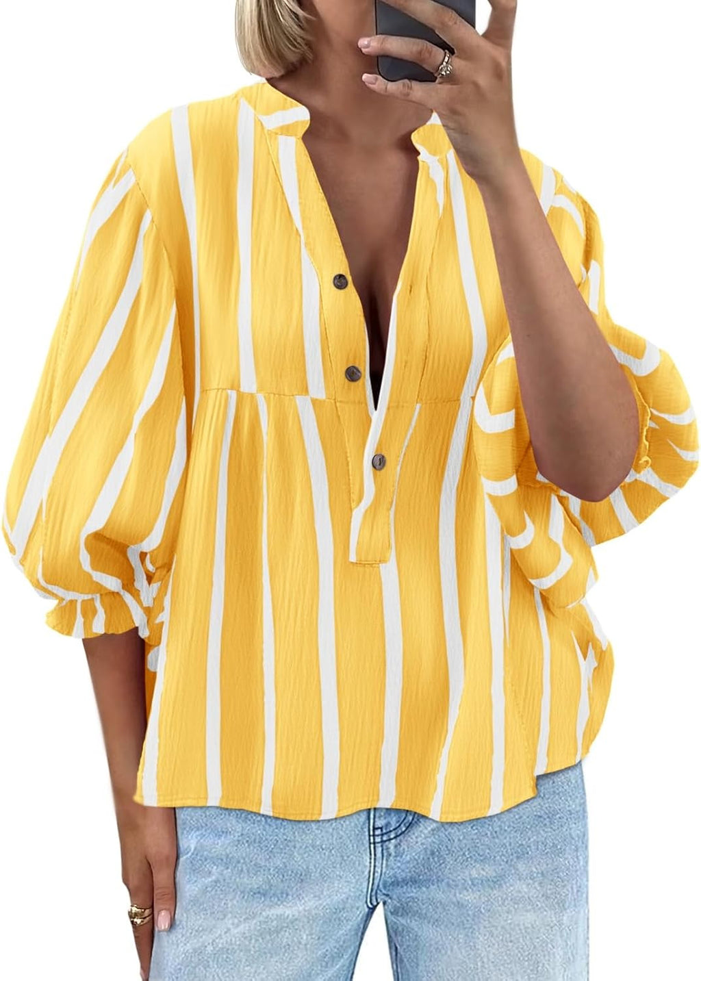 Women's Striped Shirt Puff Sleeve Loose Top Fleece Era