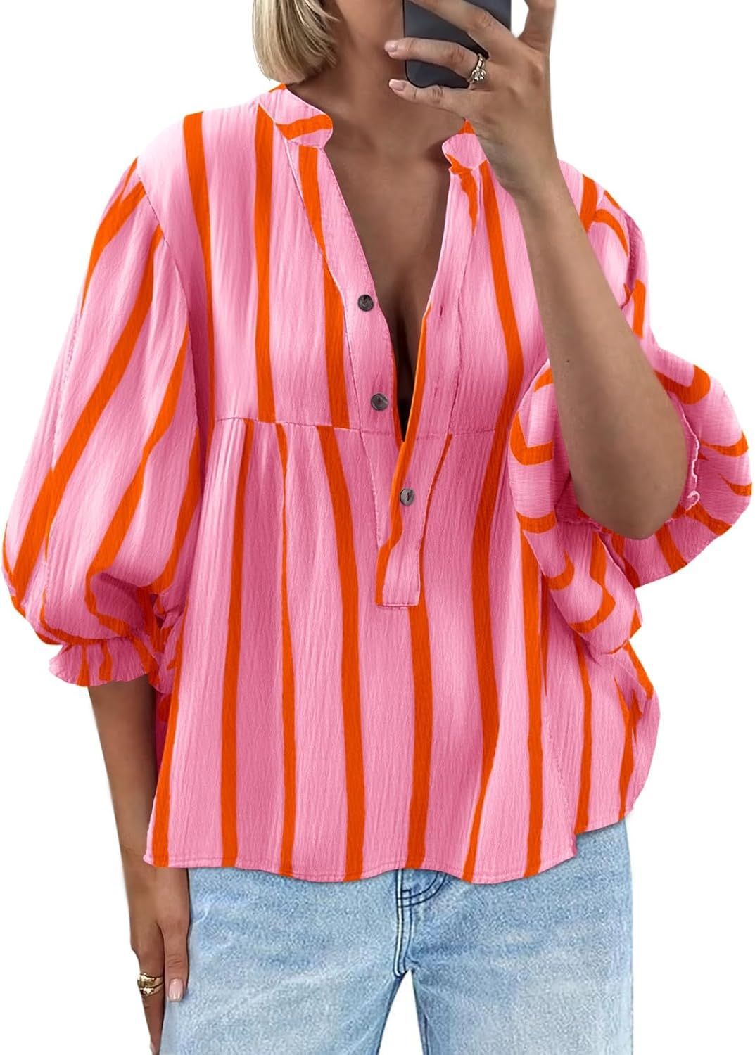 Women's Striped Shirt Puff Sleeve Loose Top Fleece Era