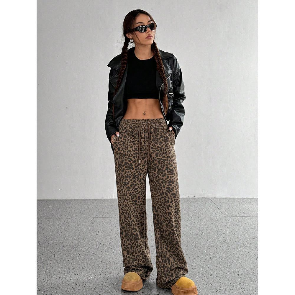 Leopard Print Floral Print Casual Jumpsuit Wide Leg Loose Fleece Era